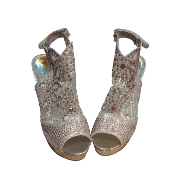 Hot Tomato Rhinestones Sequins Open Toe Ankle Strap High Heel Pumps 3" 9M Gold - Picture 3 of 5